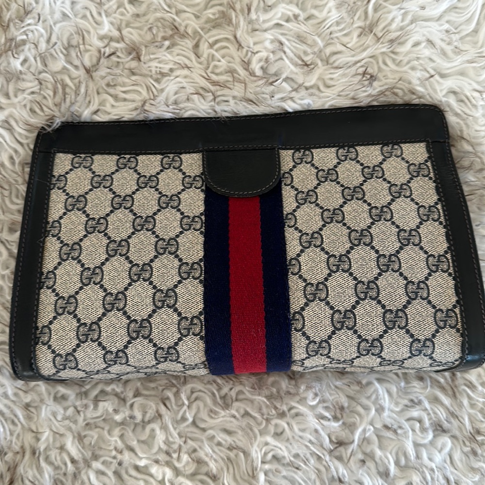 Vintage Gucci Blue Coated Canvas Clutch/Crossbody Bag